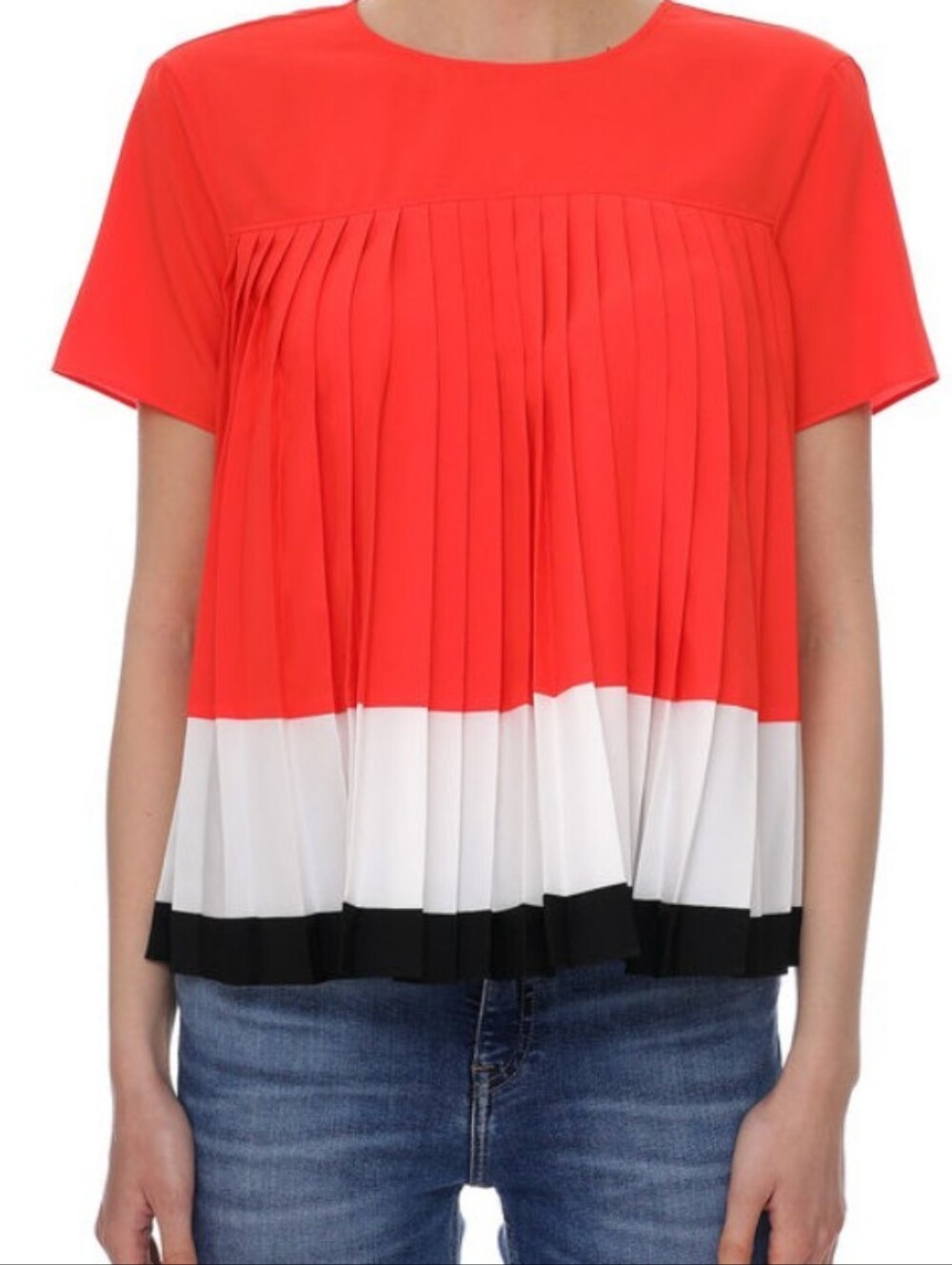 Armani Exchange Orange     White and Black Pleated Short Sleeve Blouse